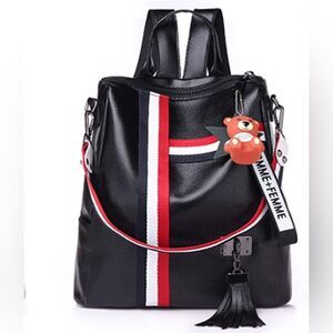 Faux Leather Black Convertible Backpack Bear Charm Work Travel Bag Overnight